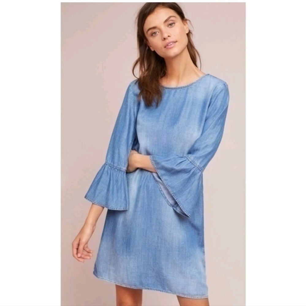 Anthropologie Cloth & Stone Flutter Bell  Sleeve Blue Denim Dress with Small